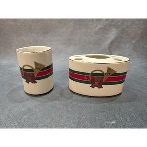 Vintage Christmas Ceramic Toothbrush Holder and Tumbler Set Gold Horn Japan